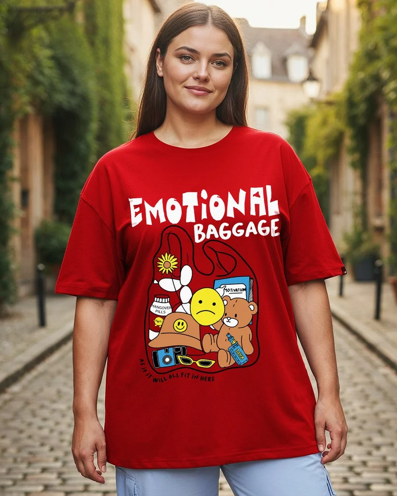 bewakoof Women's Red Emotional Baggage Graphic Printed Oversized Plus Size T-shirt